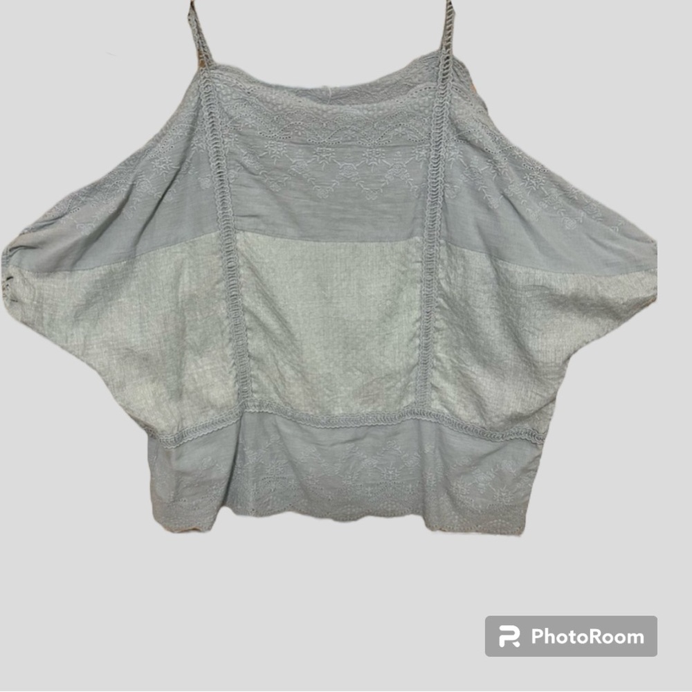Entro Cold Shoulder Embroidery Eyelet Top Sage Green